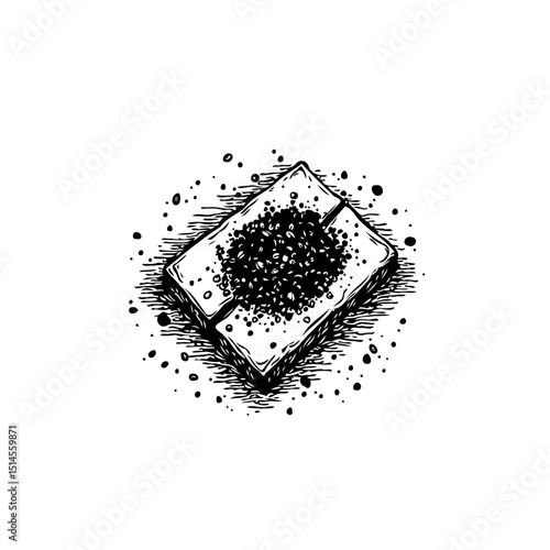 Monochrome hand-drawn illustration of ashtray filled with cigarette ash and butts