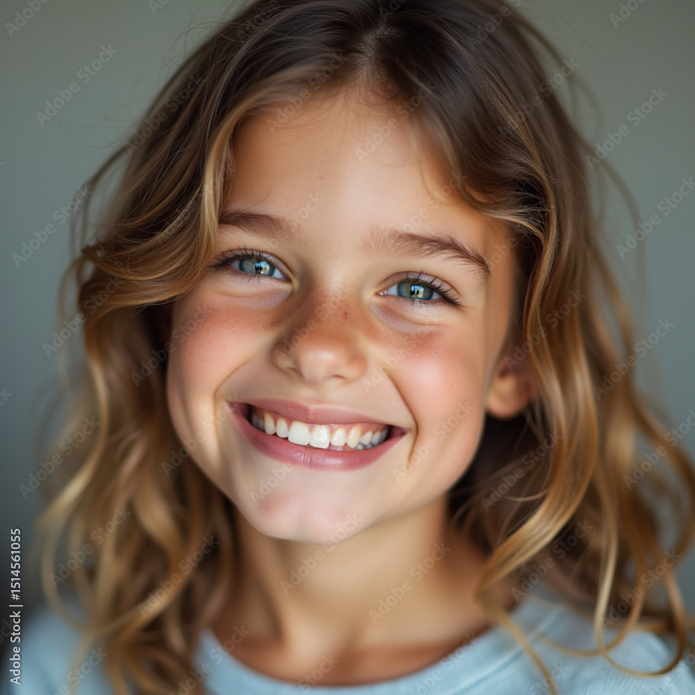 girl's face she smiles and sparkles with her snow-white smile. emphasis on white teeth on one glare girl's face she smiles and sparkles with her snow-white smile. emphasis on white teeth on one glare