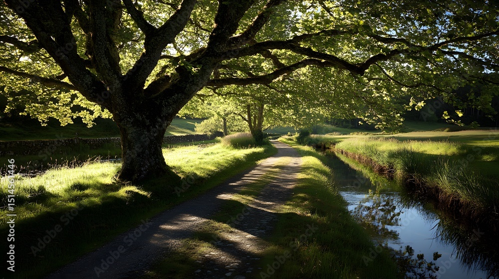 Naklejka premium Scenic Countryside Path with Lush Greenery and Canal
