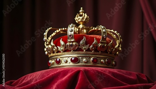 An exquisite golden crown, adorned with precious gemstones, rests regally upon a sumptuous red velvet cushion, illuminated by soft lighting.