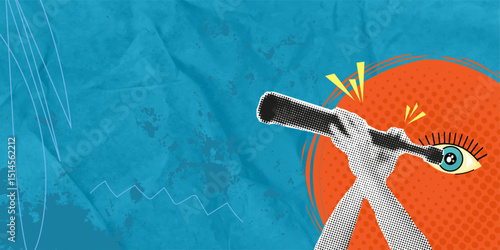 Trendy modern art collage. Hand with telescope. Search concept. Vector banner with halftone effect and place for text