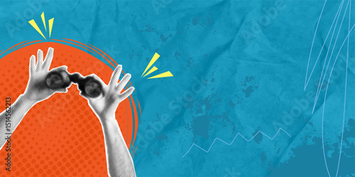 Trendy modern art collage. Hand with binoculars. Search concept. Vector banner with halftone effect and place for text