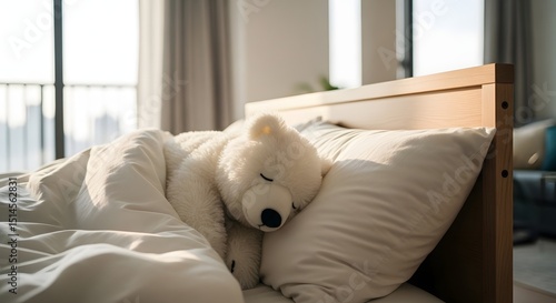 A plush, white polar bear toy snuggled peacefully in a comfortable bed, bathed in the soft, warm light streaming through the window, representing a scene of tranquility and relaxation.