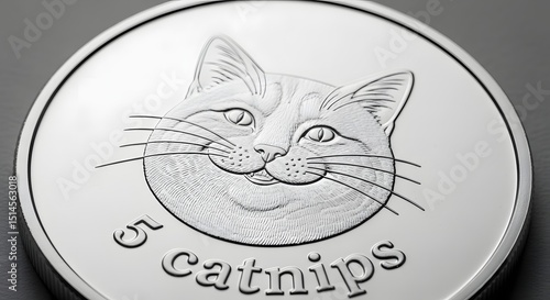 A detailed close-up captures a charmingly engraved coin. The coin features a delightful cat and the inscription 