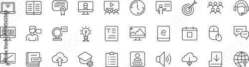 set of 30 outline icons related to e-learning for web design
