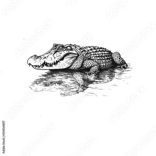 Realistic Crocodile Drawing Detailed Black and White Ink Sketch
