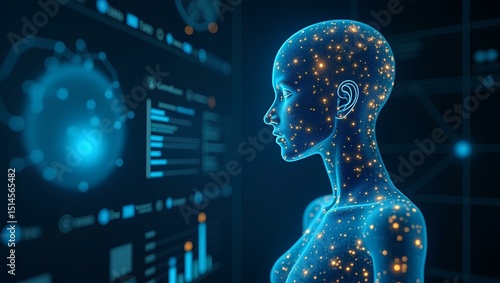 Humanoid Data Interface: A glowing humanoid figure, interconnected with a web of digital data, stands as a sentinel of the information age in a futuristic realm.