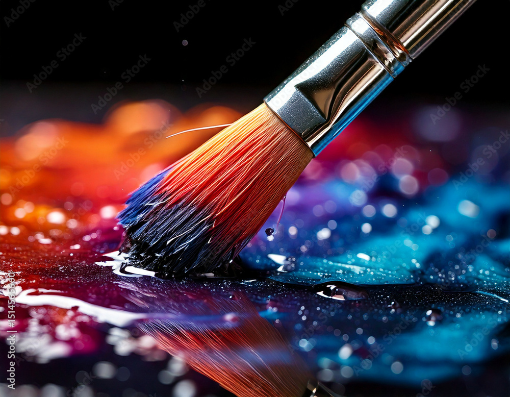 Fototapeta premium Macro of watercolor brush tip with pigment drop