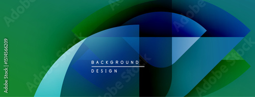 Abstract geometric shapes overlap, creating dynamic gradients. Blue, green hues dominate design. Text reads background design. Modern visual composition.