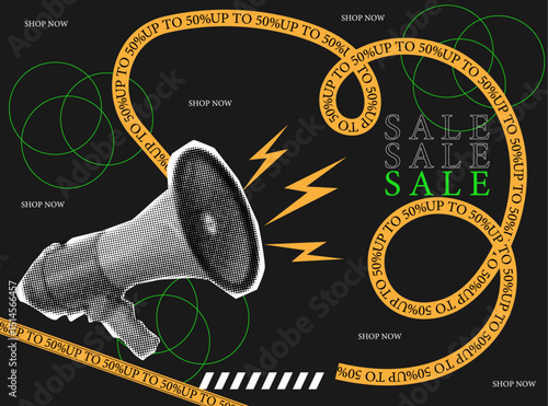  Black Friday sale concept,halftone collage megaphone with lightning signs,doodles,and text up to 50%