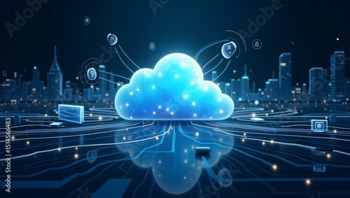 Cloud Computing and Data Connectivity: A cutting-edge illustration depicting a vibrant cloud at the heart of a bustling cityscape.