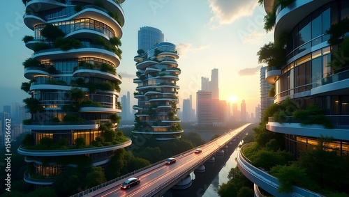 Eco-Cityscape at Dawn: Futuristic eco-friendly skyscrapers adorned with lush greenery rise majestically against a dawn sky.