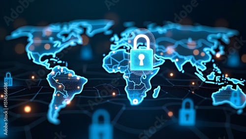 Cybersecurity: Illuminated depiction of global data protection. A luminous world map overlaid with a digital lock.