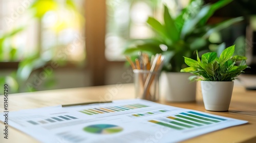 Clean, minimalist office with green potted plants and ESG reporting documents spread on a table, showing the harmony of nature and business.