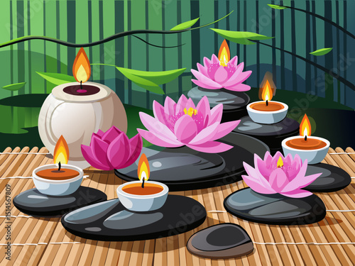 vector of Pink lotus flowers on black stones with lit candles on bamboo mat wrapped in white towel, relaxing spa scene...