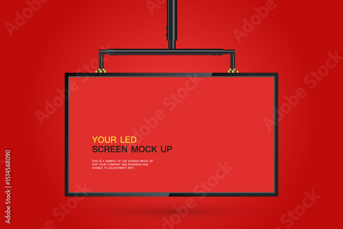 A Hanging wide screen LED Screen Mockup in 3D vector, illusstration. ARealistic hanging LED screen on red background.