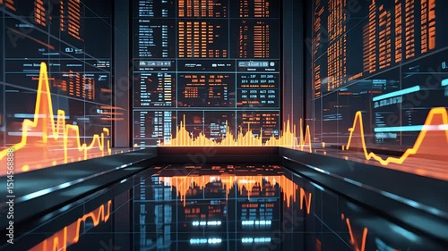 Futuristic financial data room with glowing orange graphs, stock market tickers, digital analytics, and transparent screens in modern environment

