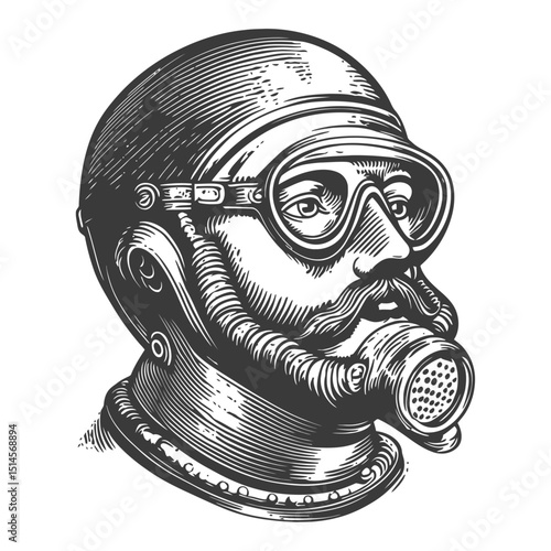 Vintage Engraving of a Diver with Gas Mask in Woodcut Style