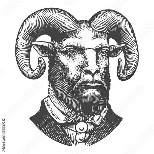 Vintage Engraving of a Ram Head in Formal Attire Artwork