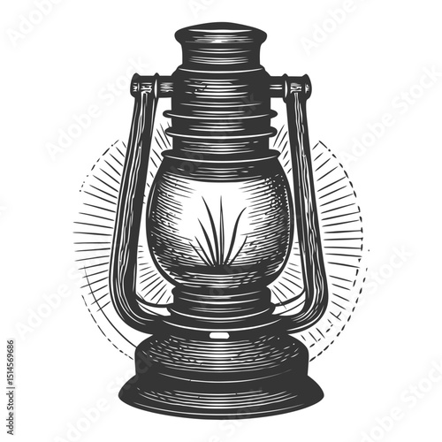 Vintage Engraving of Antique Oil Lantern with Decorative Elements