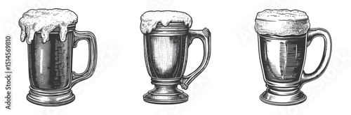 Vintage Engraving of Three Distinct Beer Mugs with Foam Tops