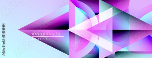 Abstract geometric shapes overlap, creating vibrant pinks, blues, purples. Modern design feels energetic, dynamic. Light gradients enhance visual depth.