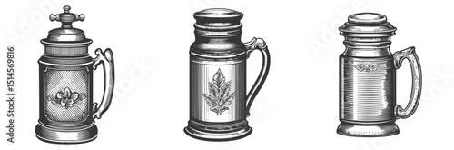 Vintage Engraving of Ornate Beer Steins in Black and White