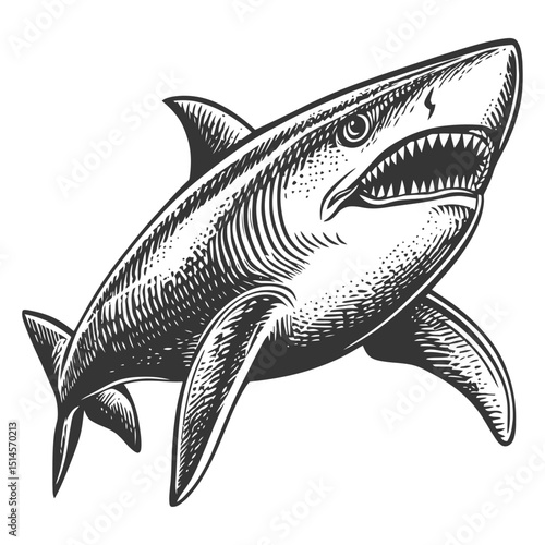 Vintage Engraving of a Shark in Detailed Woodcut Style Illustration