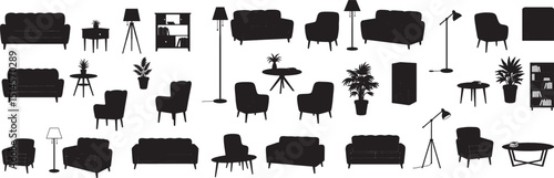 Black silhouette furniture set for living room interior design vector illustration elements