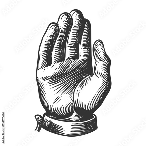 Vintage Engraving of a Raised Hand Symbolizing Halt or Stop Gesture