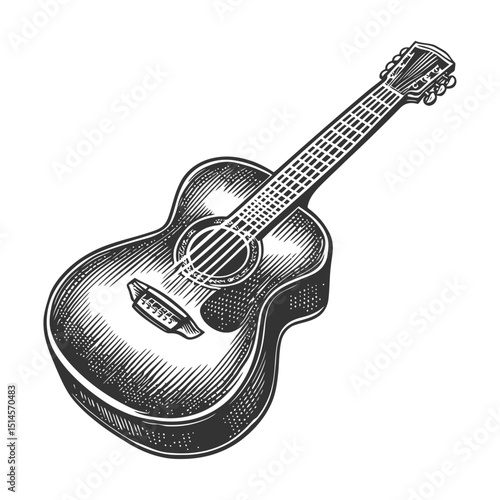 Vintage Engraving of Acoustic Guitar with Detailed Woodcut Design