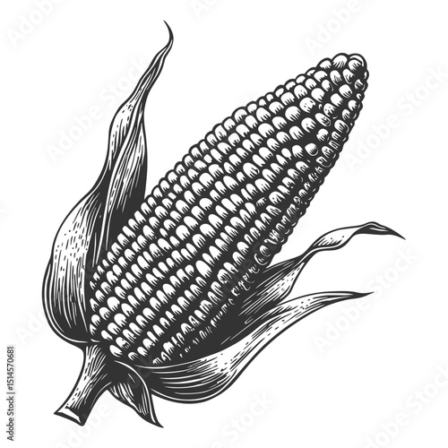 Vintage Engraved Illustration of Fresh Corn on Cob in Black and White