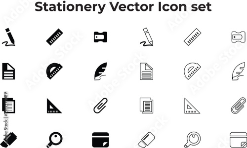 Office stationery vector icon set - Fill and outline style design for stationery and workplace essentials: pencil, page, note, highlighter, ruler, Magnifying glass, joy clip, sticky note, Feather pen