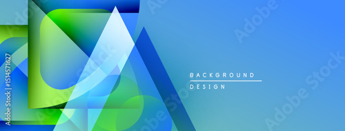 Abstract geometric shapes overlap, creating vibrant blue, green gradients. Right side displays text background design. Modern, clean aesthetic.