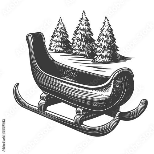 Vintage Sleigh Illustration with Pine Trees and Rustic Charm