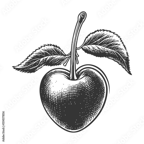 Vintage Engraved Illustration of a Cherry with Leaves on White Background