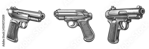 Detailed Vintage Engraving of Classic Handguns in Woodcut Style
