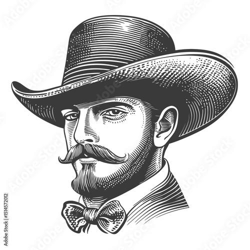 Vintage Engraving of a Man with Mustache and Wide Brim Hat