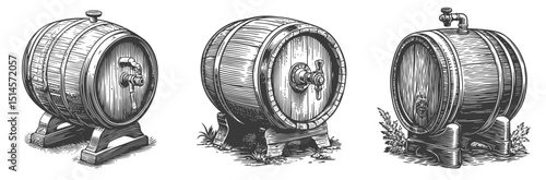Vintage Wooden Barrels Engraving Illustration for Retro Designs