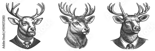 Vintage Engraving of Three Stag Heads in Formal Attire