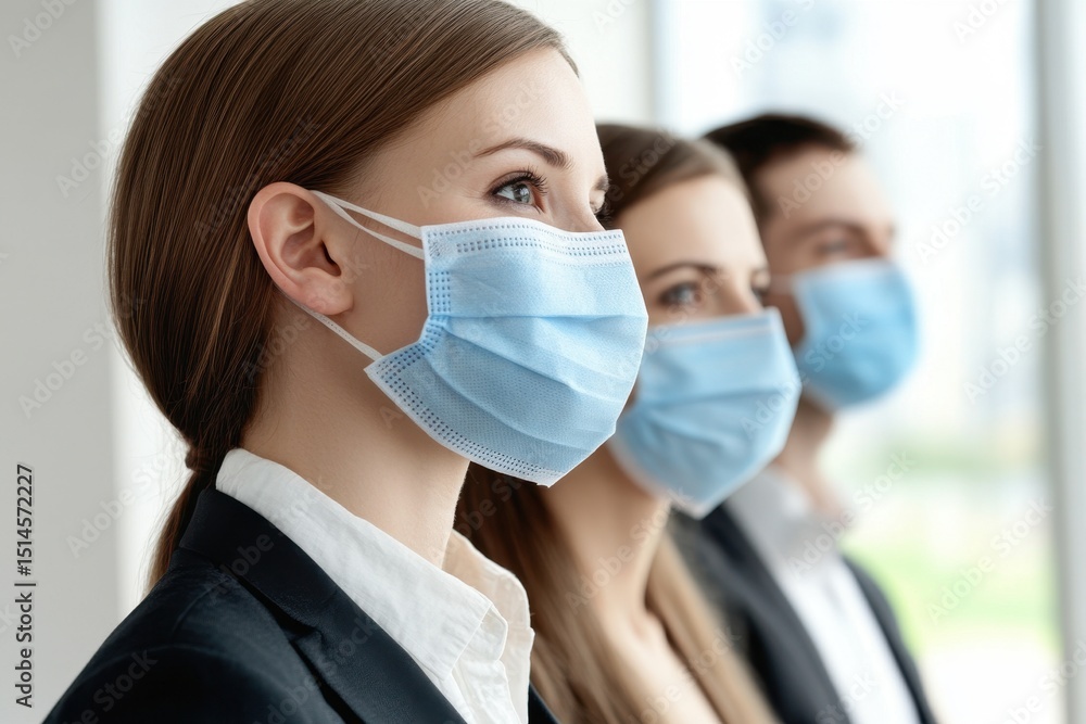 Business team engaged in a virtual meeting while wearing protective masks indoors, business team using protective masks at a meeting in a coworking center Business team engaged in a virtual meeting while wearing protective masks indoors, business team using protective masks at a meeting in a coworking center