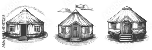 Vintage Engraving of Three Traditional Yurts in Black and White