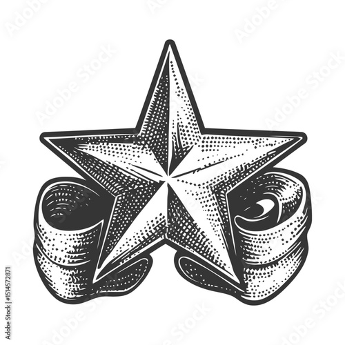 Vintage Engraving of a Star with Ribbon in Classic Style