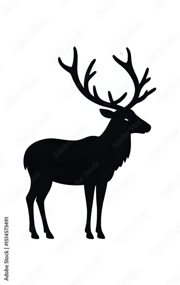 Obraz premium Majestic deer with antlers, full-body silhouette, standing in profile, vector illustration in minimalist design, isolated on white background.