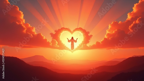Heavenly Harmony: A captivating image of heart-shaped clouds framing a figure, set against a vibrant sunset, radiating warmth and spirituality.