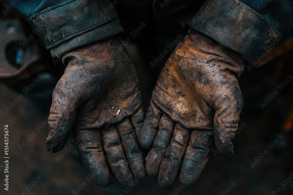 Hands of a skilled metalworker in the workshop after a long day of manufacturing and maintenance tasks, Metalwork manufacturing and construction maintenance service, welding, closeup on hands Hands of a skilled metalworker in the workshop after a long day of manufacturing and maintenance tasks, Metalwork manufacturing and construction maintenance service, welding, closeup on hands