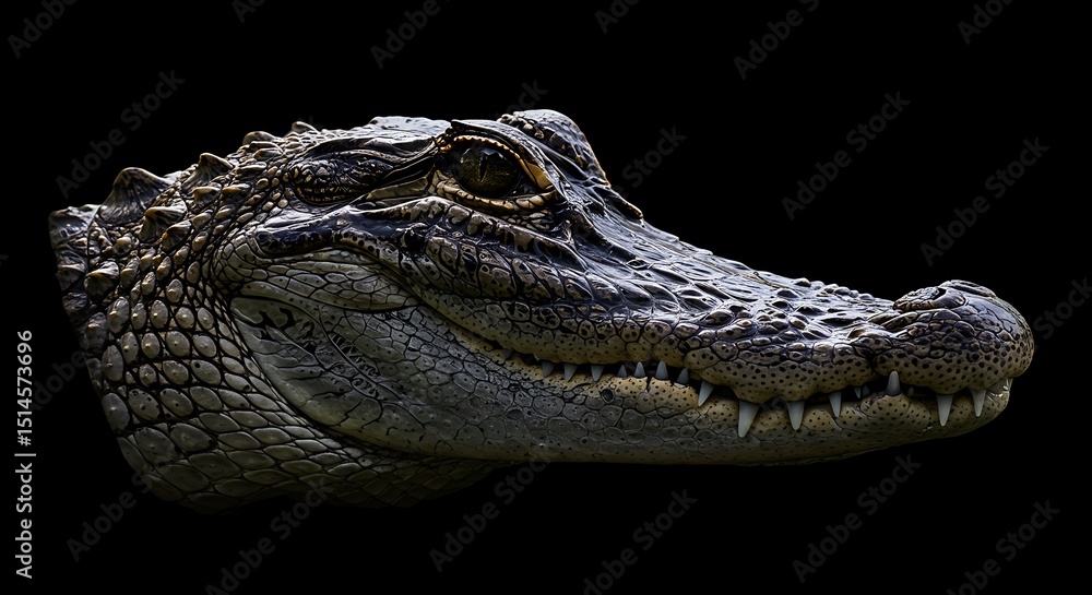 Obraz premium An intense, striking close-up portrait of an American alligator's (Alligator mississippiensis) head, dramatically isolated against a pure black background. 