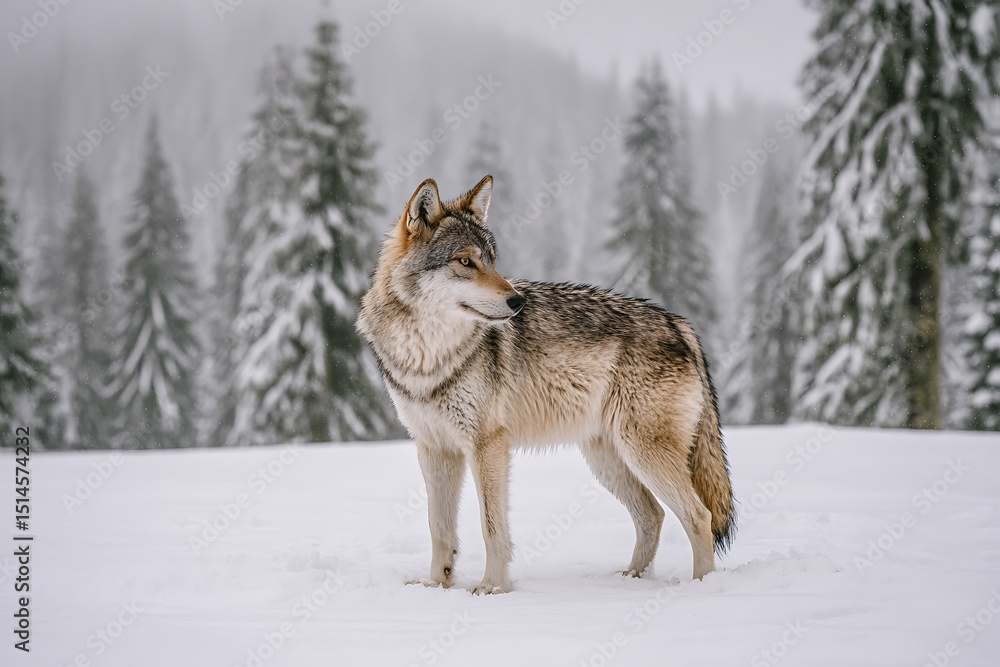 Obraz premium Wolf stands alert in snowy forest