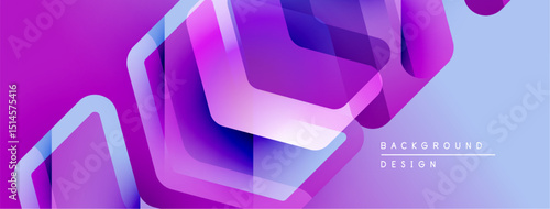 Abstract geometric shapes overlap, creating vibrant purple, blue gradients. Modern design suggests technology, innovation, fluidity.