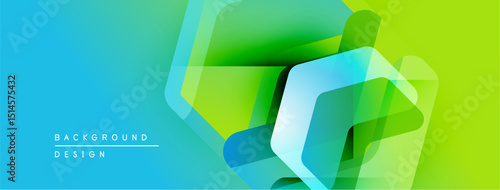 Abstract gradient background features overlapping translucent geometric shapes. Vivid blue transitions into bright green hues. Modern design element.